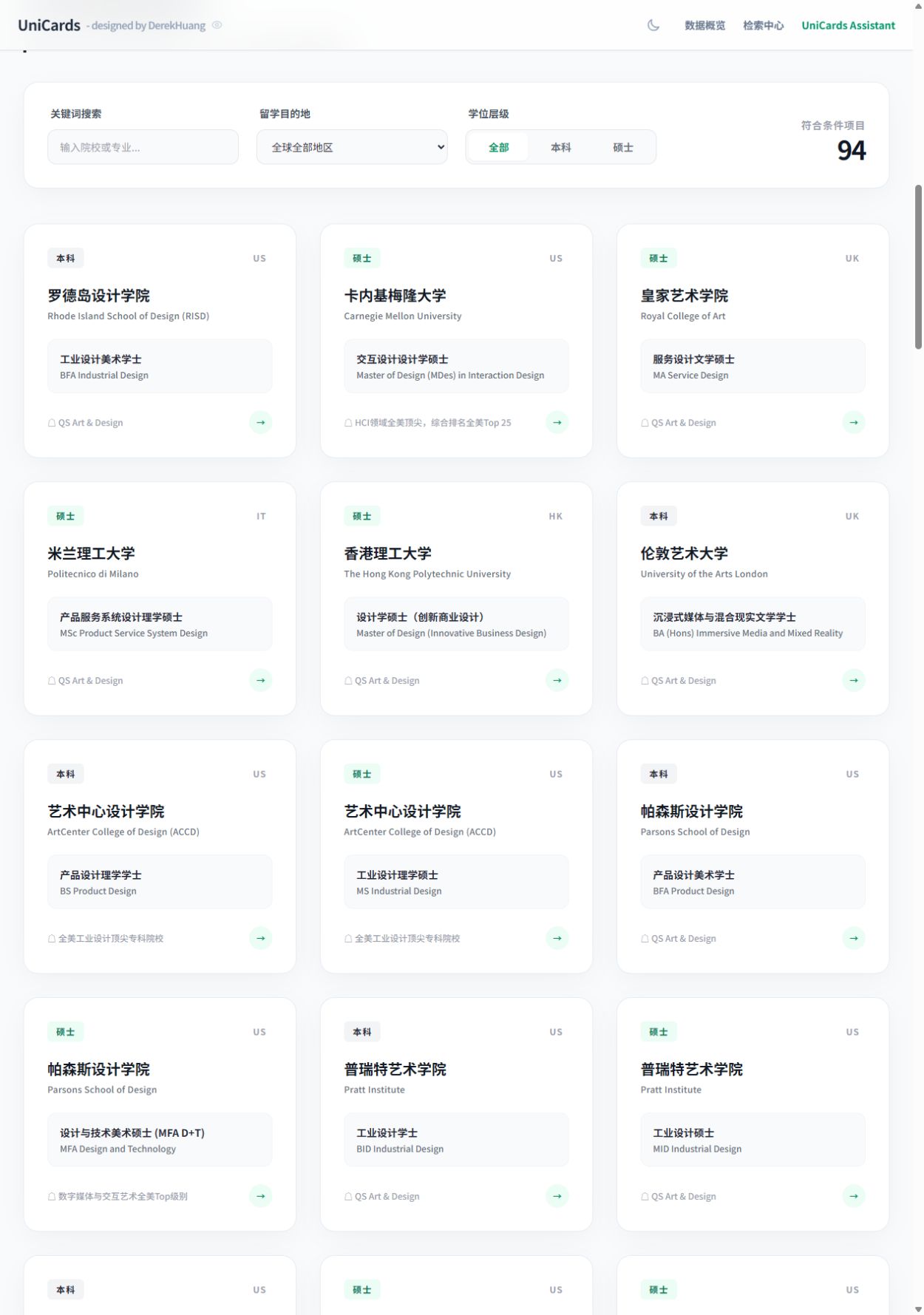 UniCards 院校项目检索与比较长截图